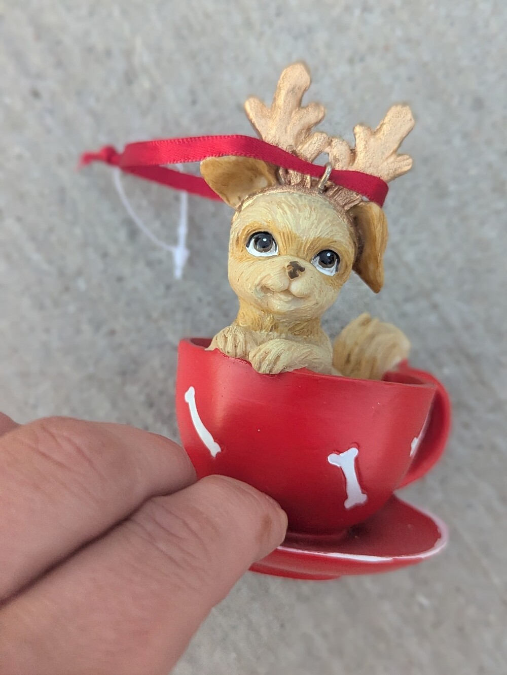 PT Christmas Dog Ornament Red Teacup Puppy Reindeer Antlers Holiday Decor